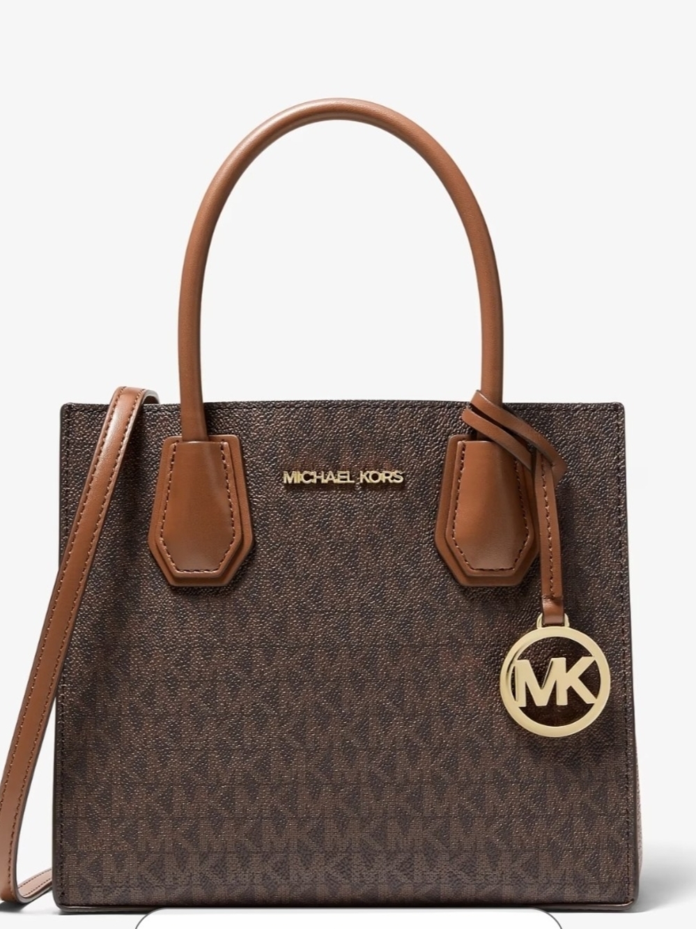 MICHAEL KORS Brown Logo-Print Satchel with Gold Charm
